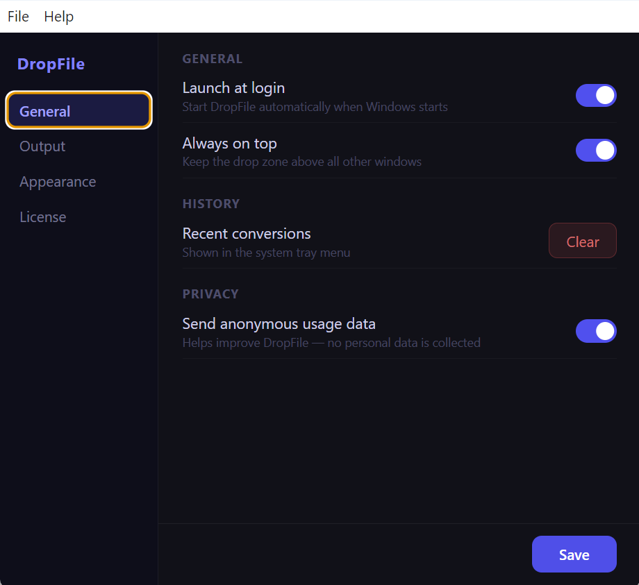 DropFile settings panel showing General, Output, and Appearance options