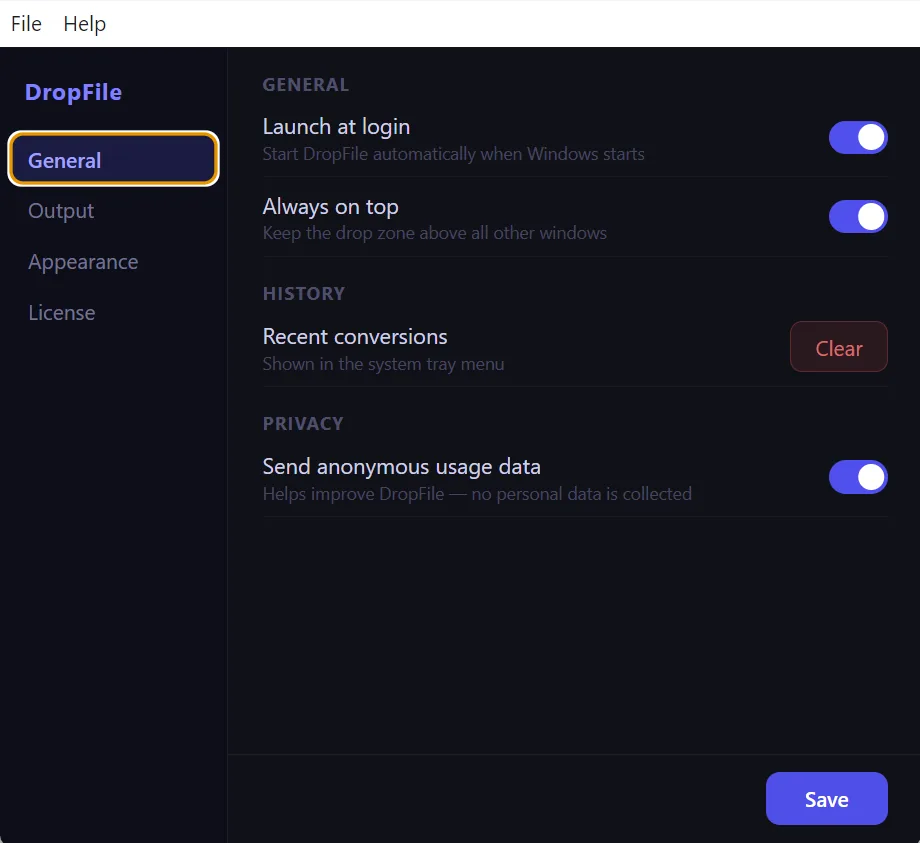 DropFile settings panel showing General, Output, and Appearance options.