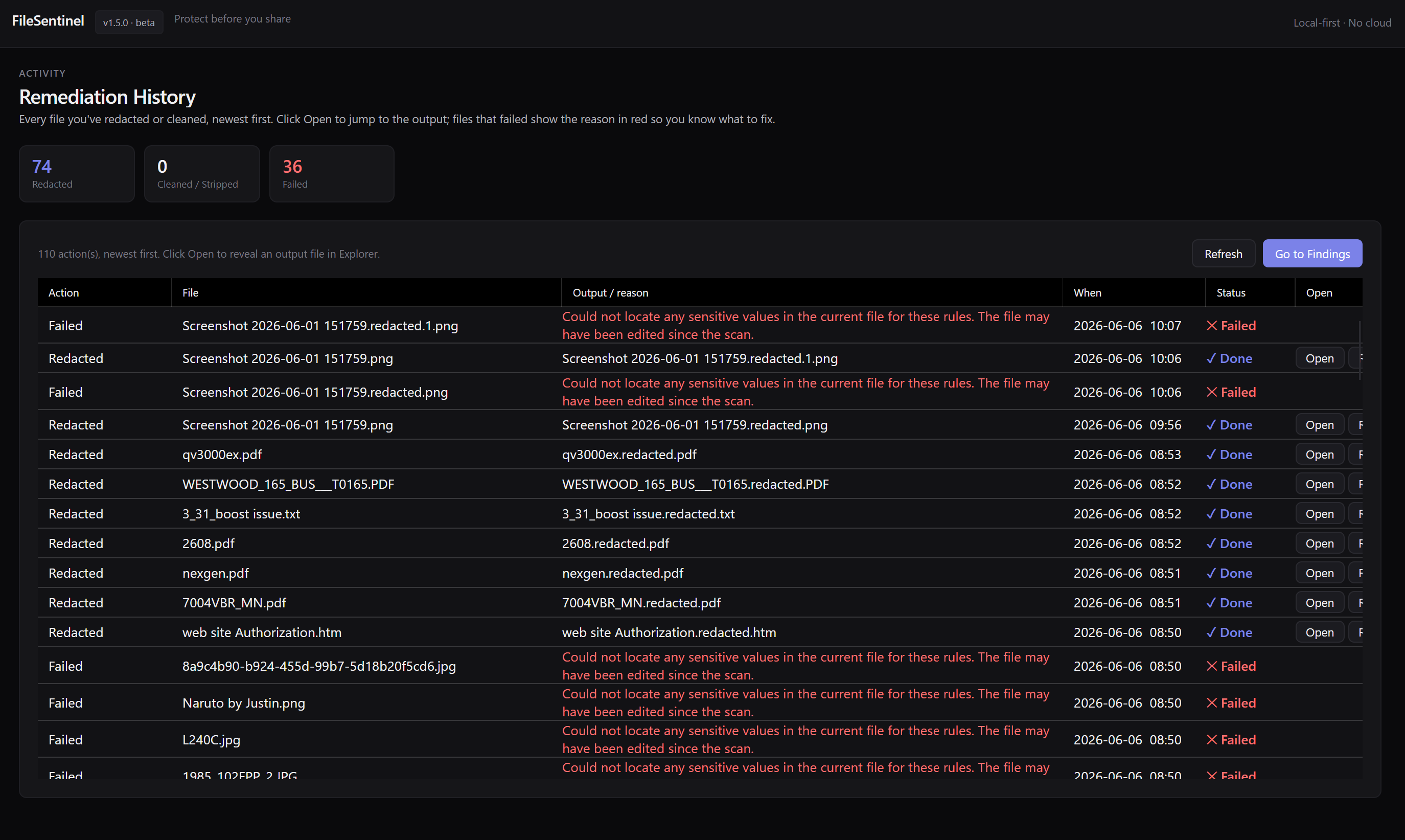 FileSentinel remediation history listing files that were redacted or cleaned, with status and output paths
