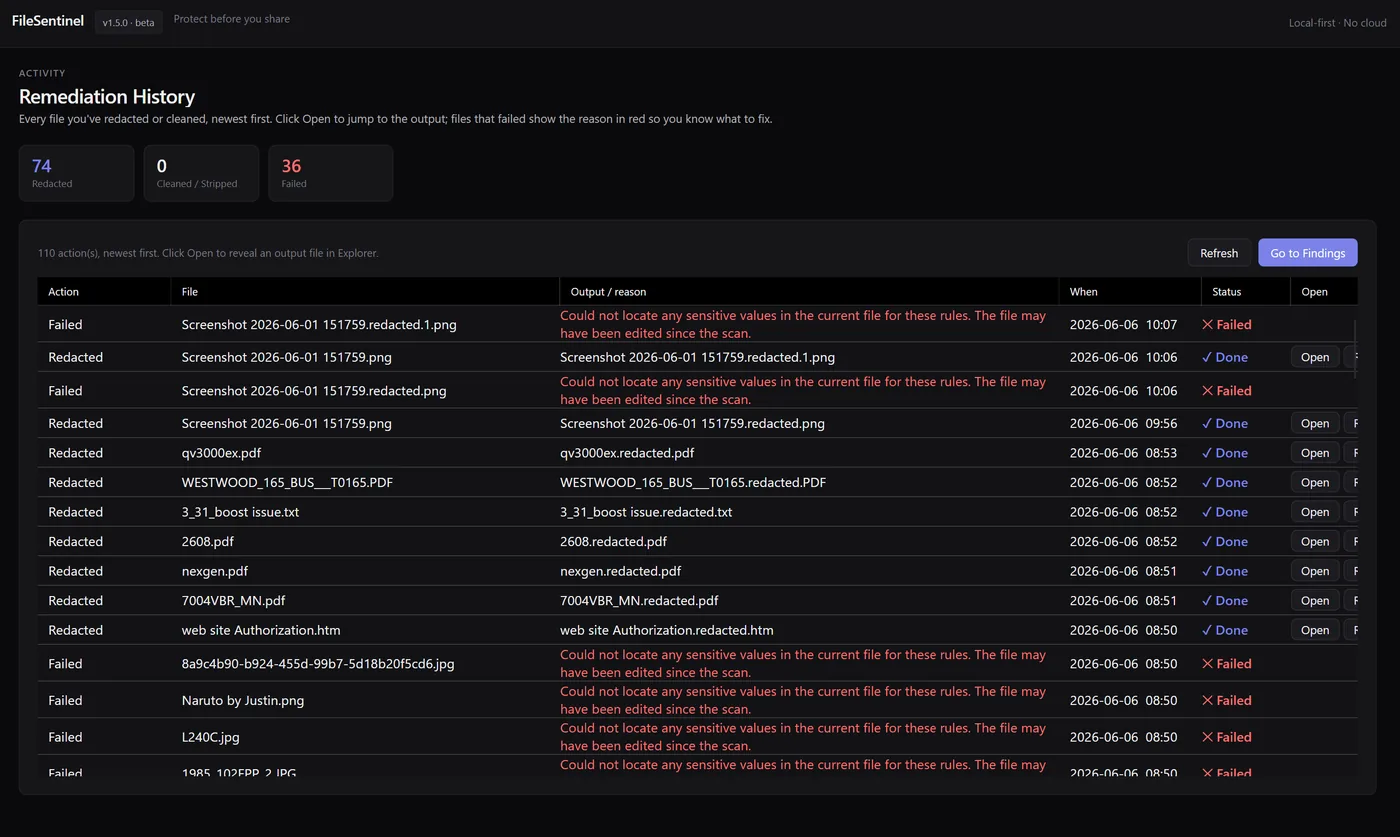 FileSentinel remediation history listing redacted or cleaned files.