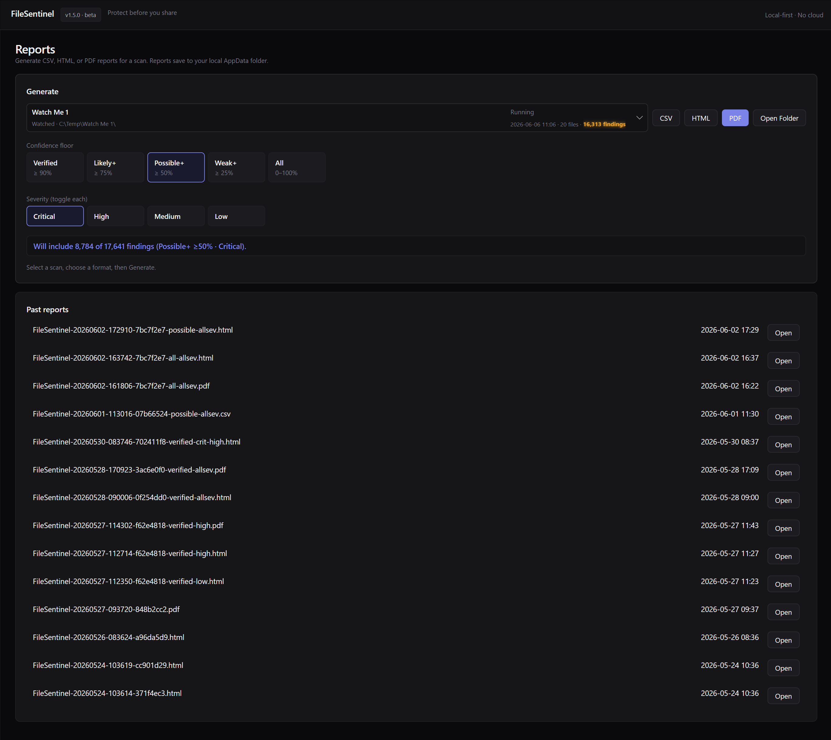 FileSentinel reports screen for generating CSV, HTML, or PDF reports filtered by confidence and severity