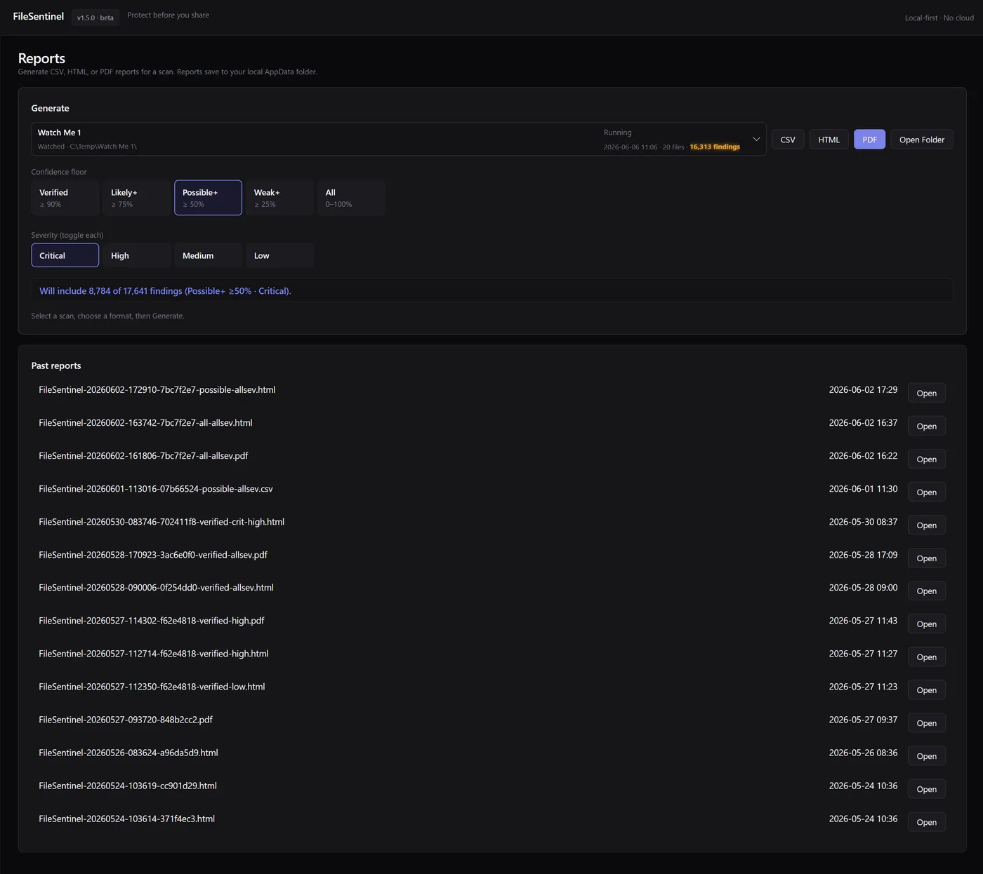 FileSentinel reports screen for generating CSV, HTML, or PDF reports.