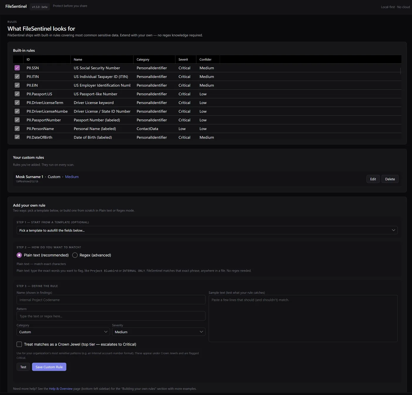 FileSentinel rules screen showing built-in detectors and a custom rule builder.
