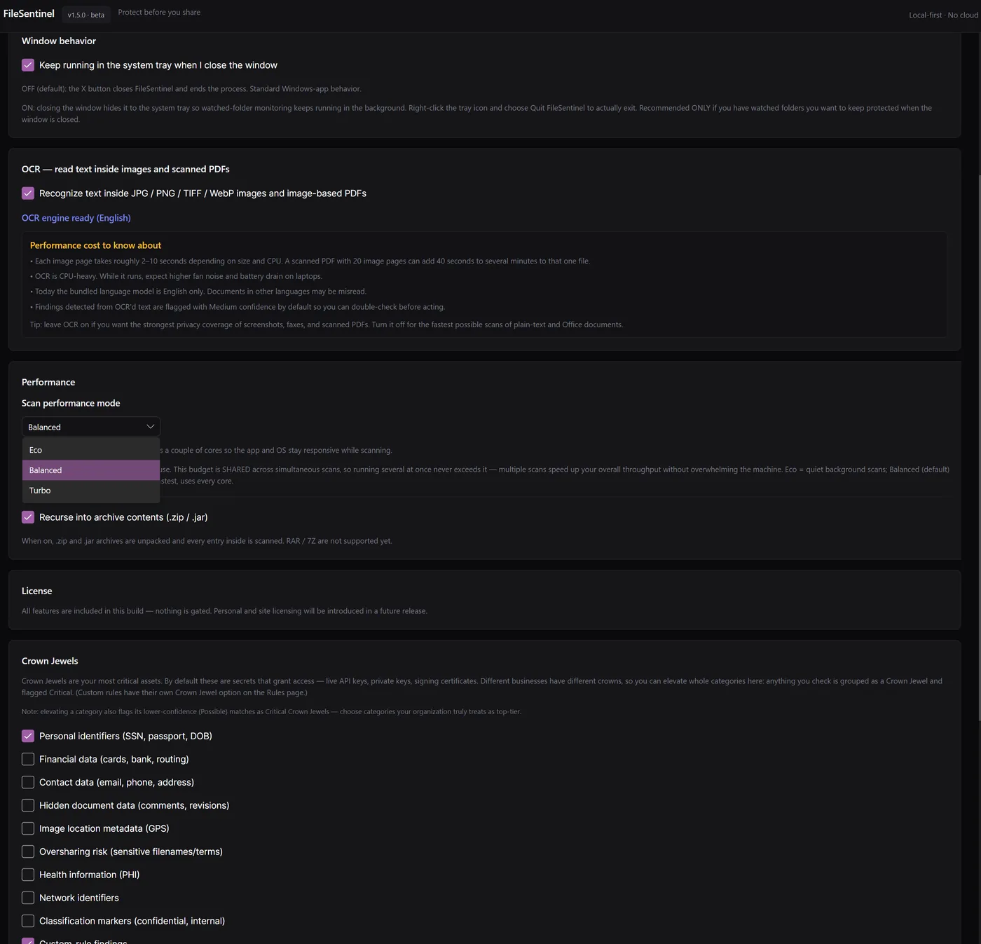 FileSentinel settings showing performance modes, OCR options, archive recursion, and Crown Jewels categories.