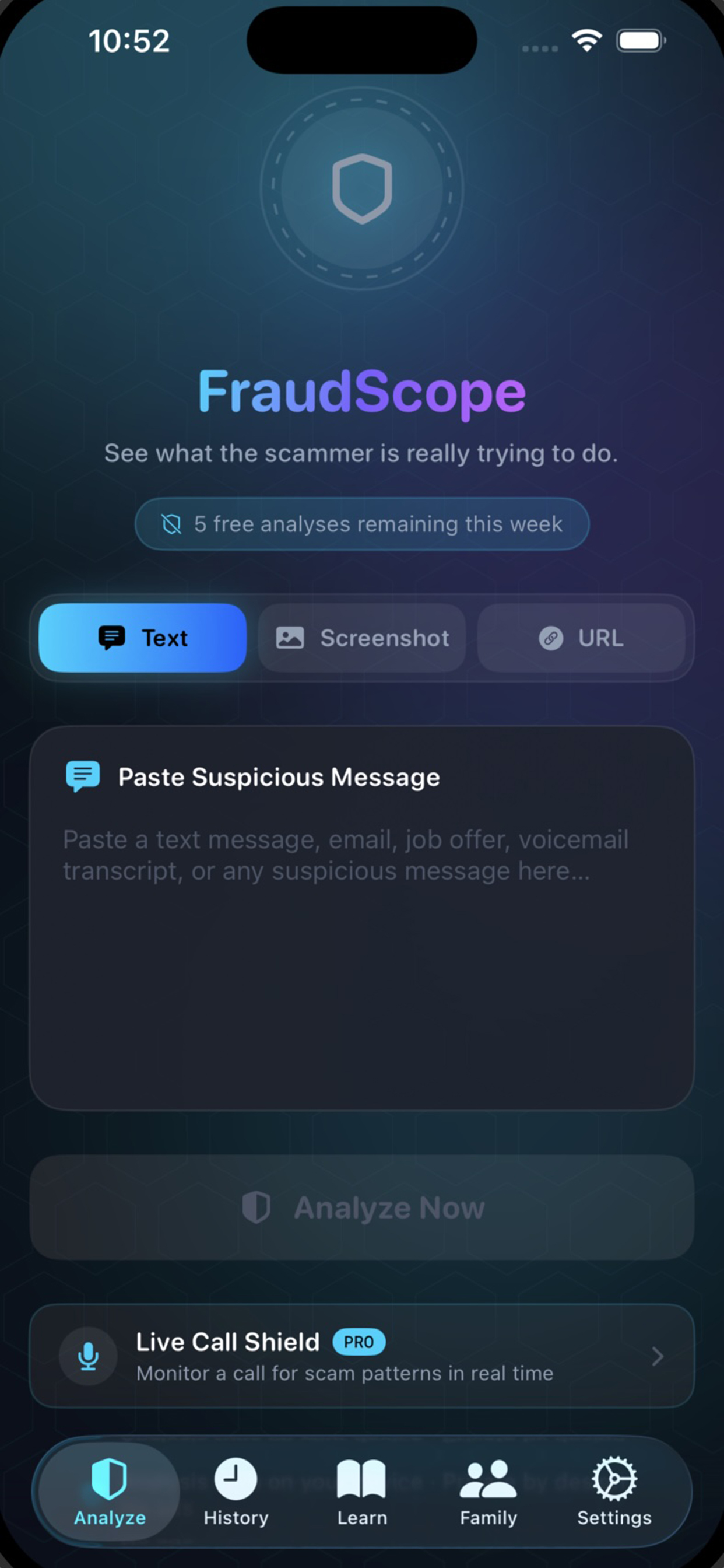 FraudScope analyze screen with paste field, screenshot share, and link input