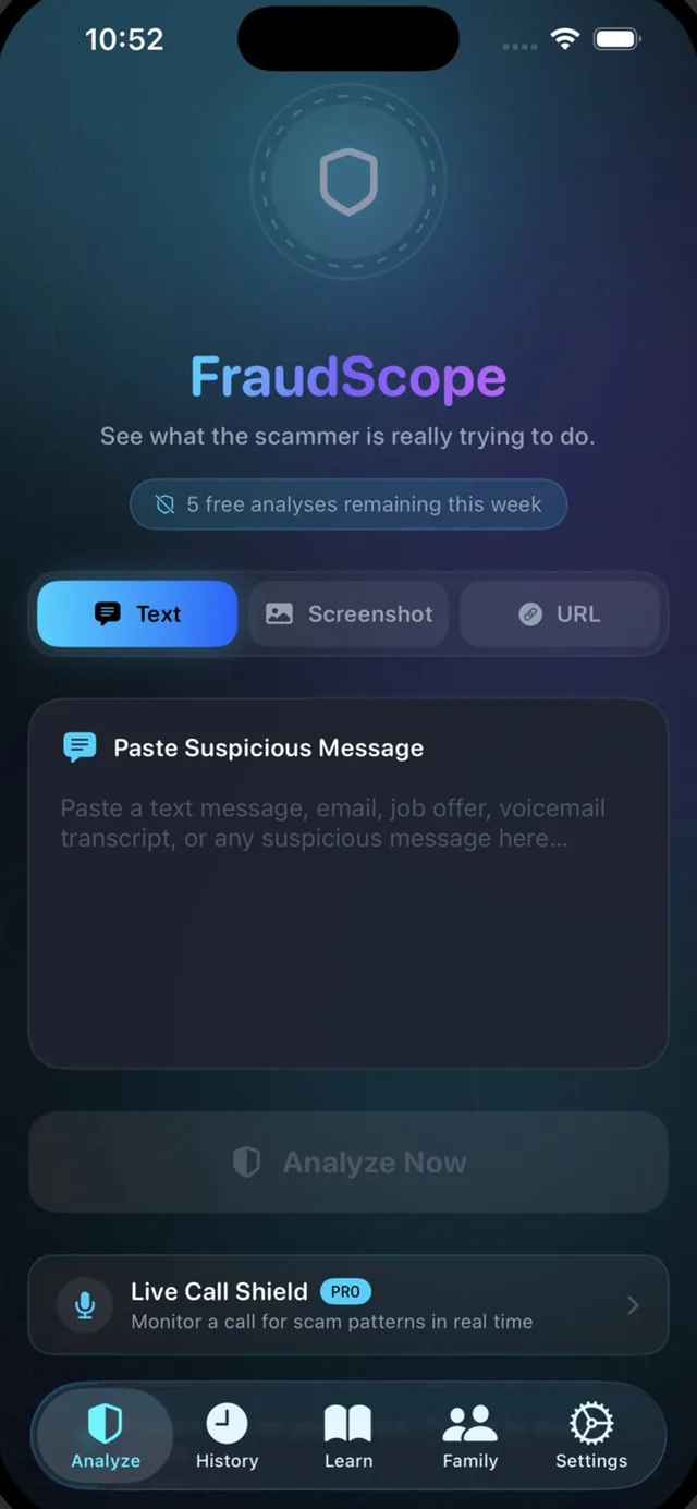 FraudScope analyze screen with paste field, screenshot share, and link input