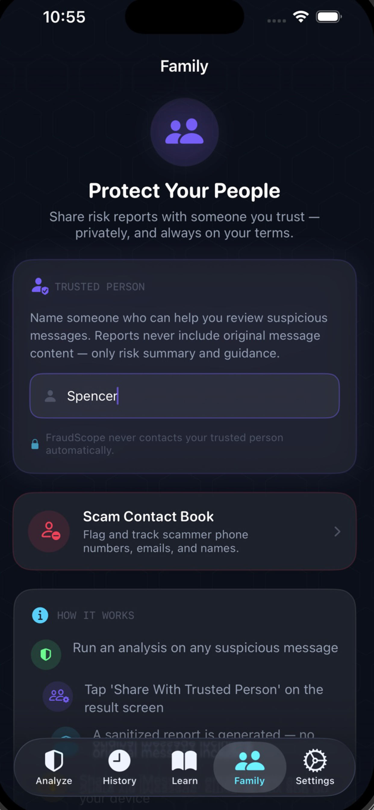 FraudScope family sharing screen showing one-tap result share with trusted contact