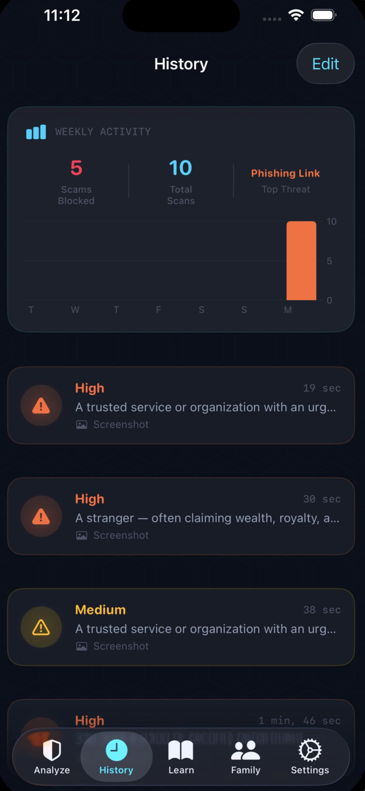 FraudScope history screen showing past analyses with scores and dates, encrypted on-device