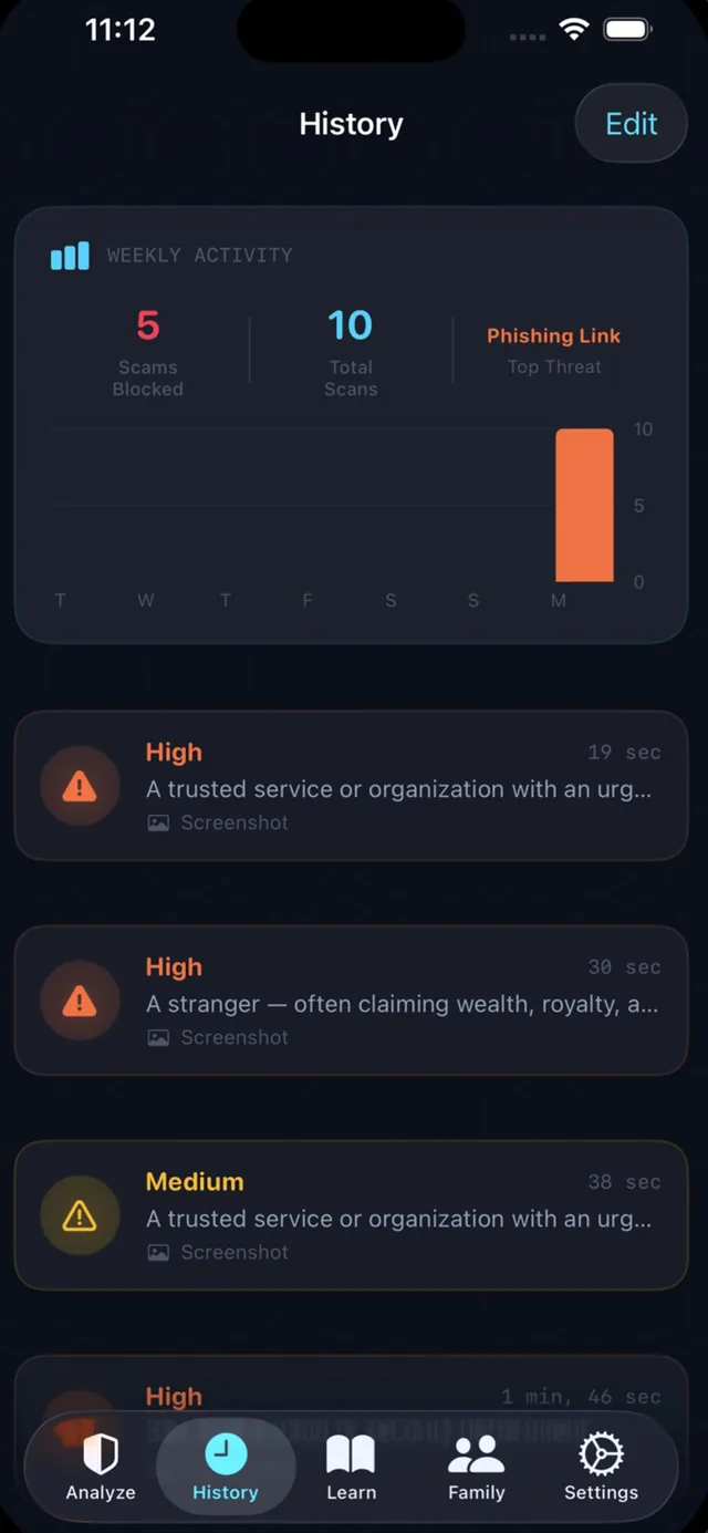 FraudScope history screen showing past analyses with scores and dates, encrypted on-device