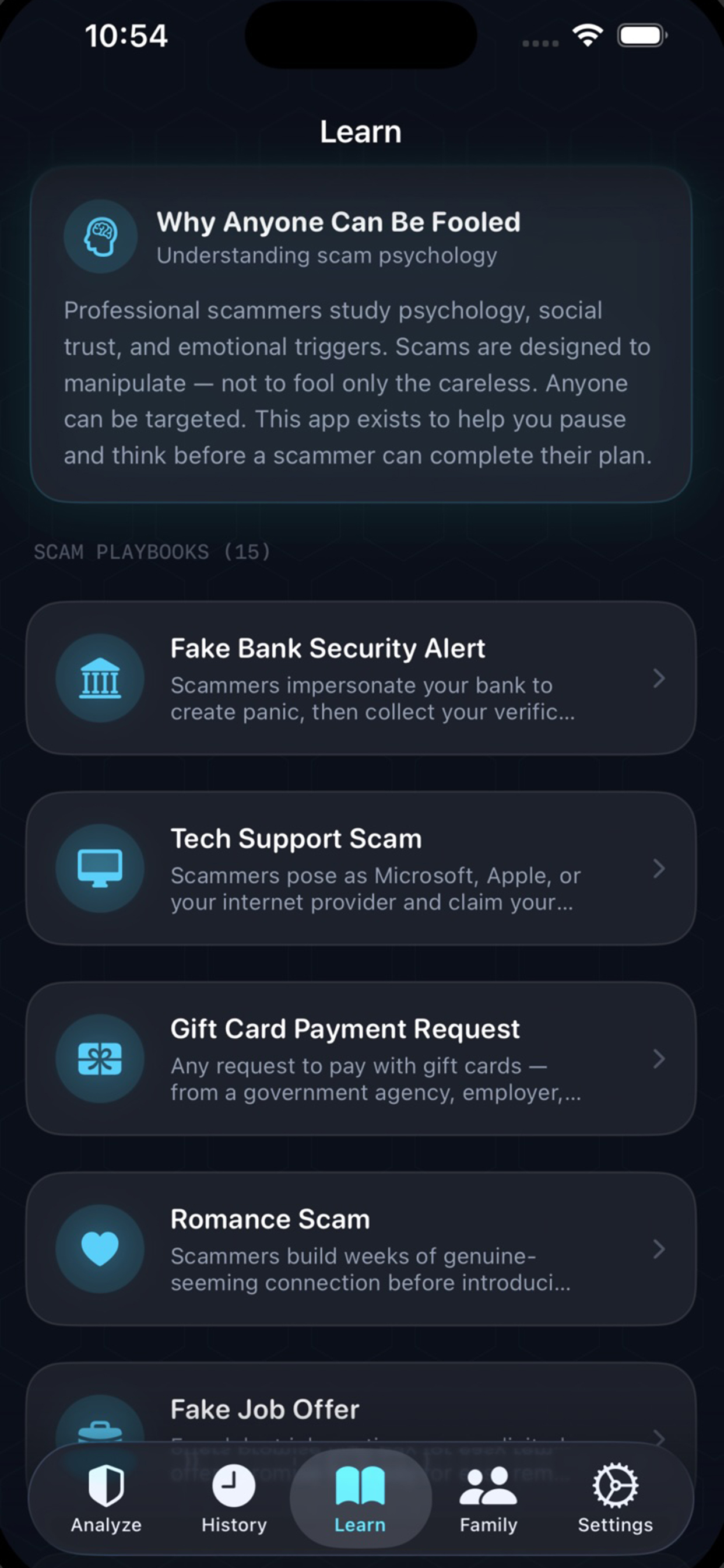 FraudScope learn tab showing 17 scam playbooks including fake bank alerts, romance scams, and tech support