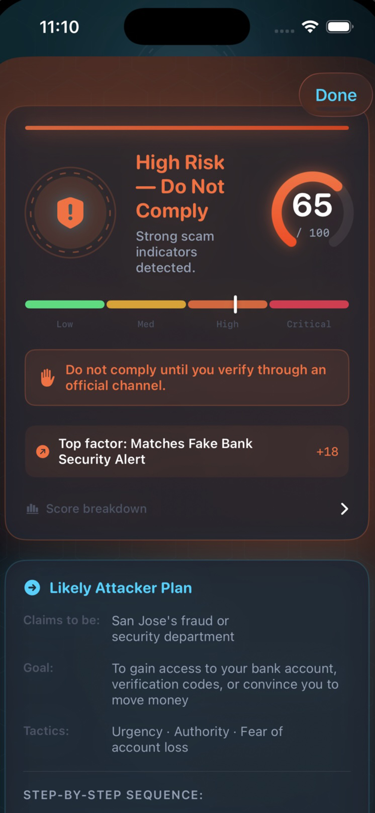 FraudScope high risk result showing 65/100 risk score, attacker plan, and manipulation tactics