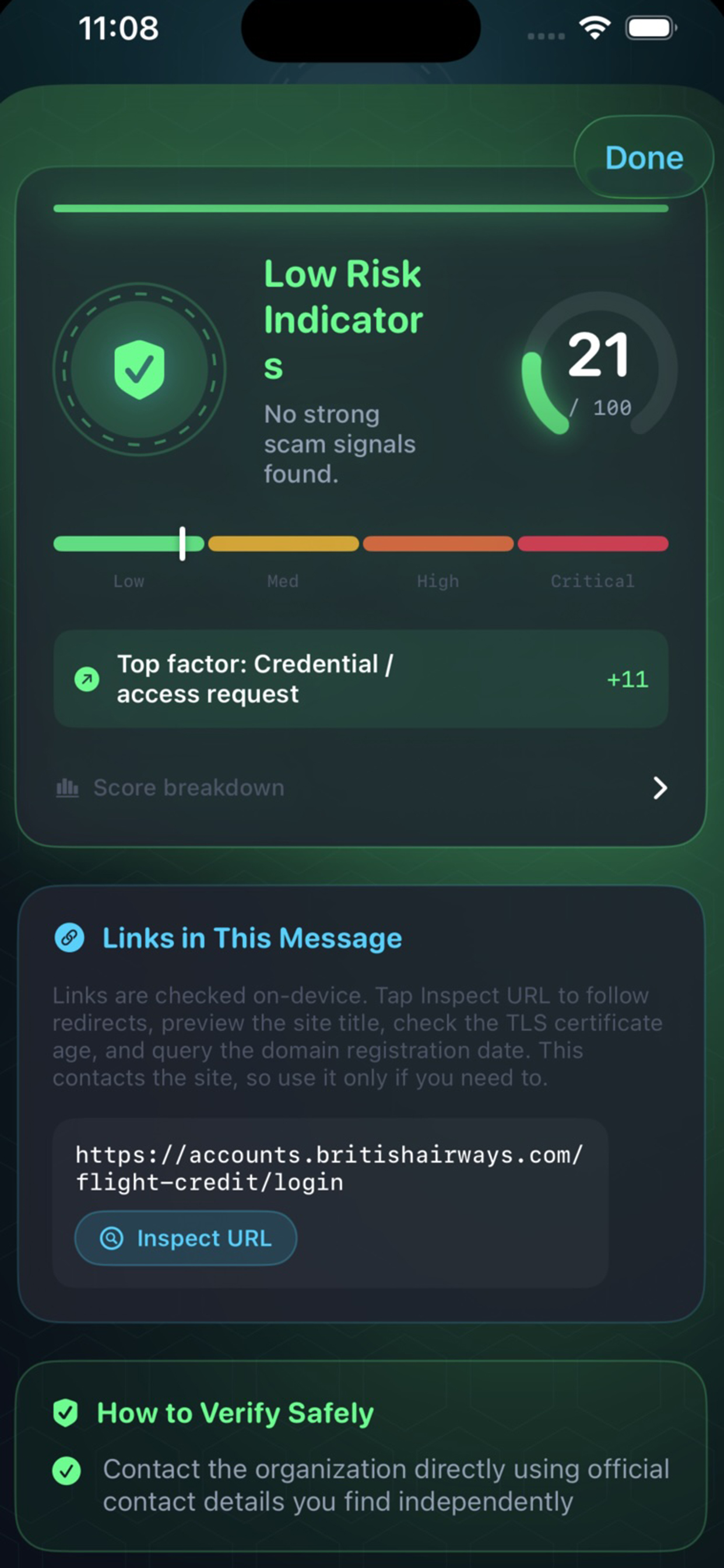 FraudScope low risk result with green score and reassuring guidance