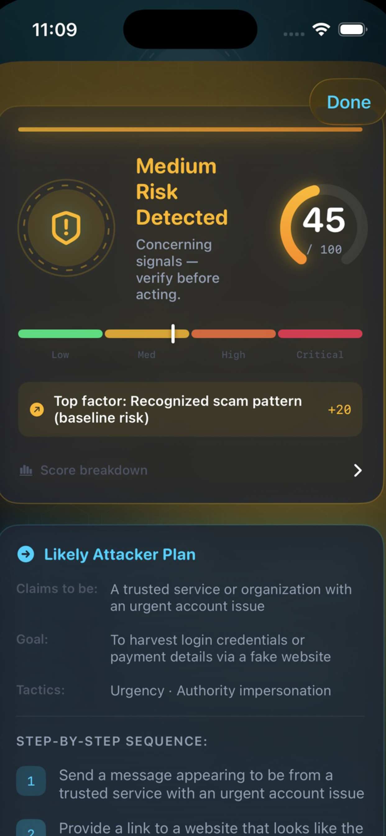 FraudScope medium risk result with amber score and verification guidance