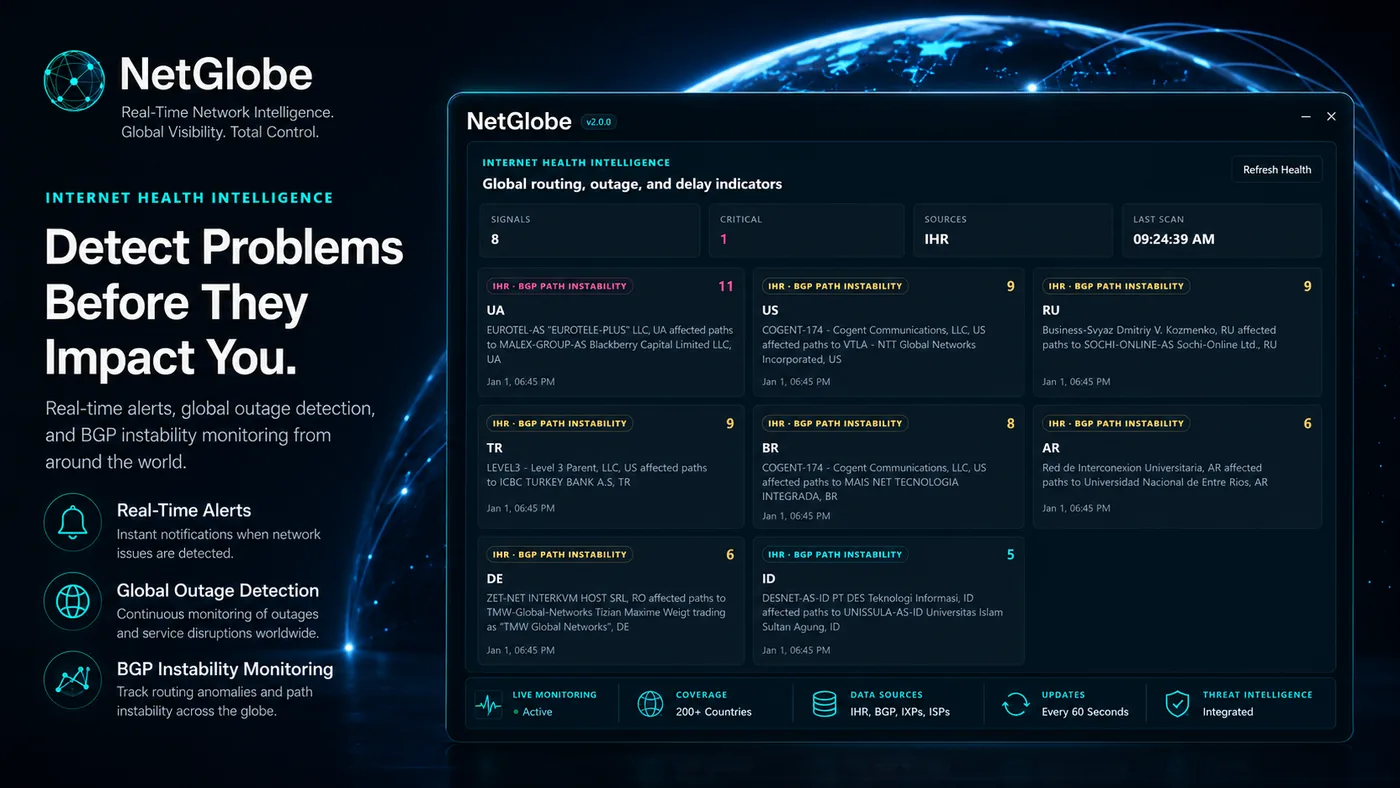 NetGlobe threat intelligence view: BGP path instability waveform and threat feed match counts.